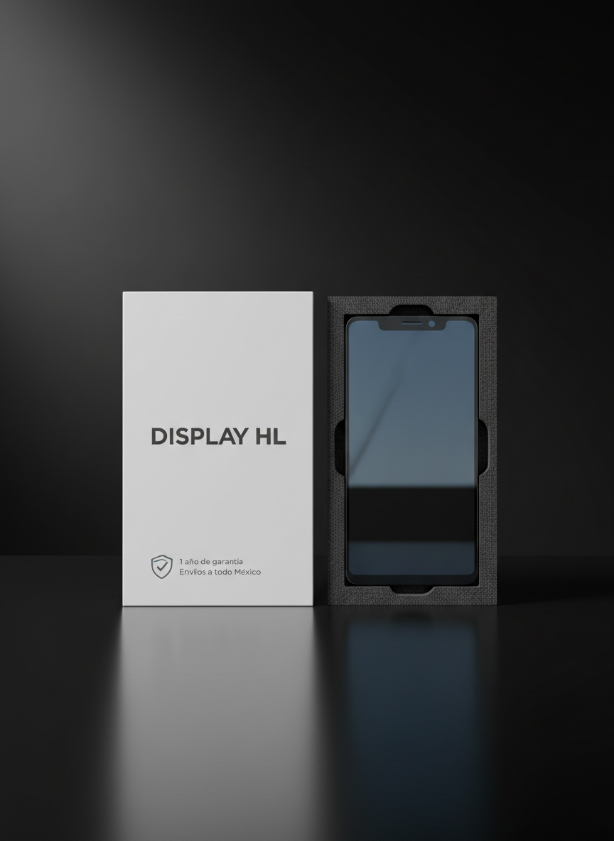 A minimalist product-style image of a boxed replacement mobile screen kit labeled “DISPLAY HL”, placed on a reflective black surface that subtly mirrors the packaging. The box design is sleek and professional, with clean typography and an icon indicating “1 año de garantía” and “Envíos a todo México”. Beside the box, the pristine screen module lies in a custom-cut foam insert, its glossy glass catching a soft, diffused studio key light from the left, creating gentle highlights and controlled shadows. Photographic realism, centered composition, and a slightly dark, vignetted background create a premium, trustworthy mood ideal for a professional mobile screen brand.