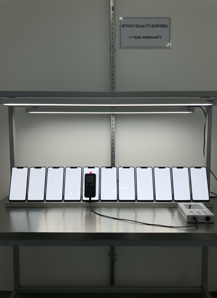 A dedicated quality-control testing bench inside a modern mobile display factory, showing several phone screens mounted on a slim metal rack, all powered on and displaying a uniform white calibration pattern with perfect color consistency and no dead pixels. A calibrated colorimeter device touches one screen, connected to a small monitoring unit on the side. Neutral, bright LED lighting evenly illuminates the scene, reducing glare and revealing every detail of the glass surfaces. Photographic realism with an eye-level composition and balanced framing emphasizes precision and rigor. The atmosphere is highly controlled, technical, and reassuring, underlining strict testing before offering a 1-year warranty.