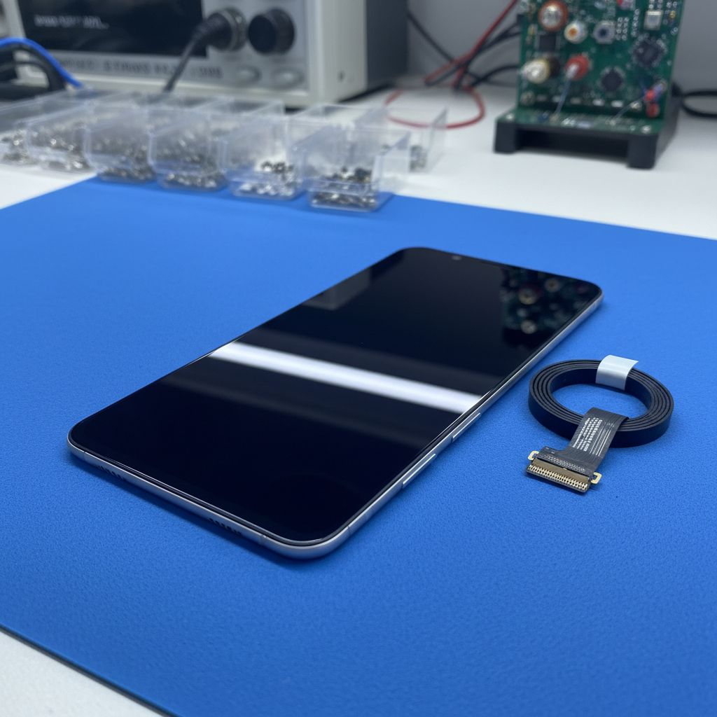 A close-up, photographic realistic shot of a single premium mobile phone display module resting on an anti-static blue mat, its connector flex cable neatly coiled beside it. The glass is edge-to-edge, with perfectly aligned bezels and a rich, uniform black when powered off. Cool, diffused workshop lighting from above creates soft highlights along the edges and subtle shadows that emphasize the thin profile. In the out-of-focus background, orderly rows of component trays and testing equipment hint at a specialized factory environment. Shot at eye level with a shallow depth of field, the mood is highly technical, precise, and reliable, ideal for a professional mobile screen manufacturer.
