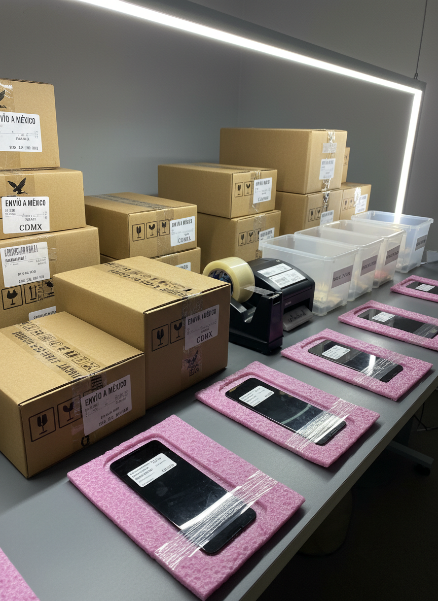 An organized packing station dedicated to shipping mobile phone screens across Mexico, featuring stacked brown shipping boxes with printed fragile icons and carefully cushioned display modules wrapped in anti-static pink foam. A roll of clear packing tape, barcode labels, and labeled bins for different phone models sit neatly on a matte gray table. Bright, even warehouse lighting from overhead fixtures creates crisp, clean shadows and a sense of efficiency. Photographic realism, captured from a three-quarter elevated angle with clear focus on the protective packaging details, communicates secure nationwide shipping, professionalism, and attention to product safety for customers in CDMX and beyond.