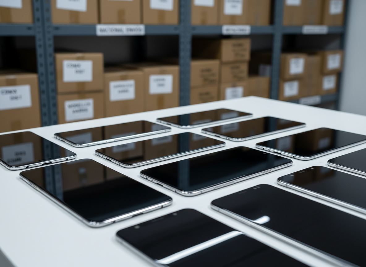 A neatly arranged assortment of high-quality mobile phone screens in various sizes and aspect ratios, each with a deep black, glossy glass surface and precise metallic frames, laid out on a clean white workbench. Subtle reflections of overhead LED panel lights glide across the smooth surfaces, highlighting the flawless finish and absence of scratches. In the softly blurred background, organized shelves with labeled boxes suggest ample stock in CDMX and nationwide distribution. Captured in photographic realism from a slightly elevated angle with sharp focus on the central screens and a gentle bokeh beyond, the composition feels modern, precise, and professional, conveying trust, quality, and technical expertise.