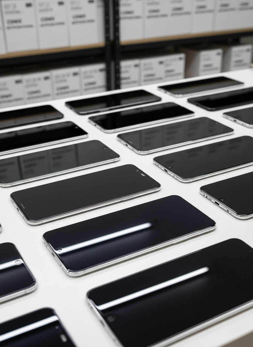 A neatly arranged assortment of high-quality mobile phone screens in various sizes and aspect ratios, each with a deep black, glossy glass surface and precise metallic frames, laid out on a clean white workbench. Subtle reflections of overhead LED panel lights glide across the smooth surfaces, highlighting the flawless finish and absence of scratches. In the softly blurred background, organized shelves with labeled boxes suggest ample stock in CDMX and nationwide distribution. Captured in photographic realism from a slightly elevated angle with sharp focus on the central screens and a gentle bokeh beyond, the composition feels modern, precise, and professional, conveying trust, quality, and technical expertise.